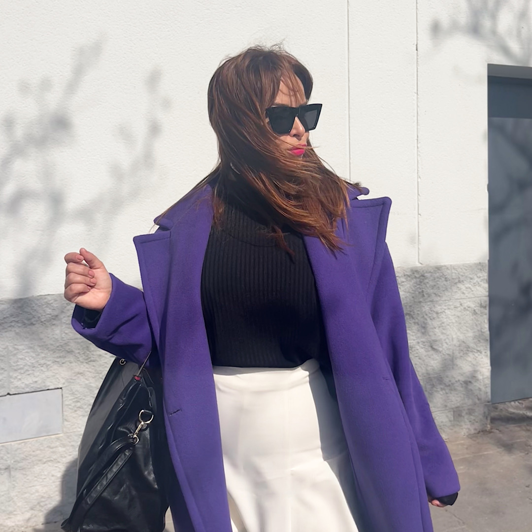 fashion blogger mallorca, personal shopper mallorca, igersmallorcafashion, look blanco negro y lila, cómo combinar lila, dónde comprar un abrigo lila, aurora vega blog